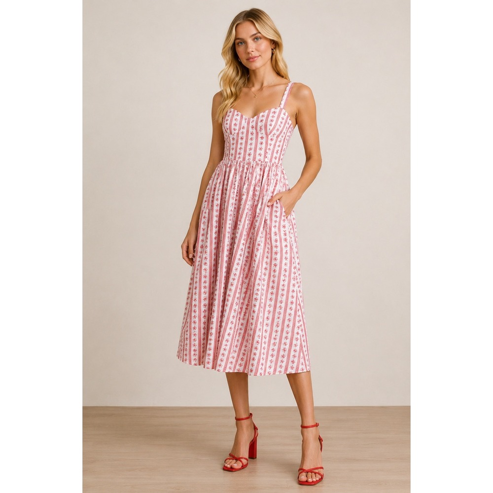 LAIT COLLECTION Floral‎ Stripe Smocked Midi Dress Cottagecore Coquette S NWT